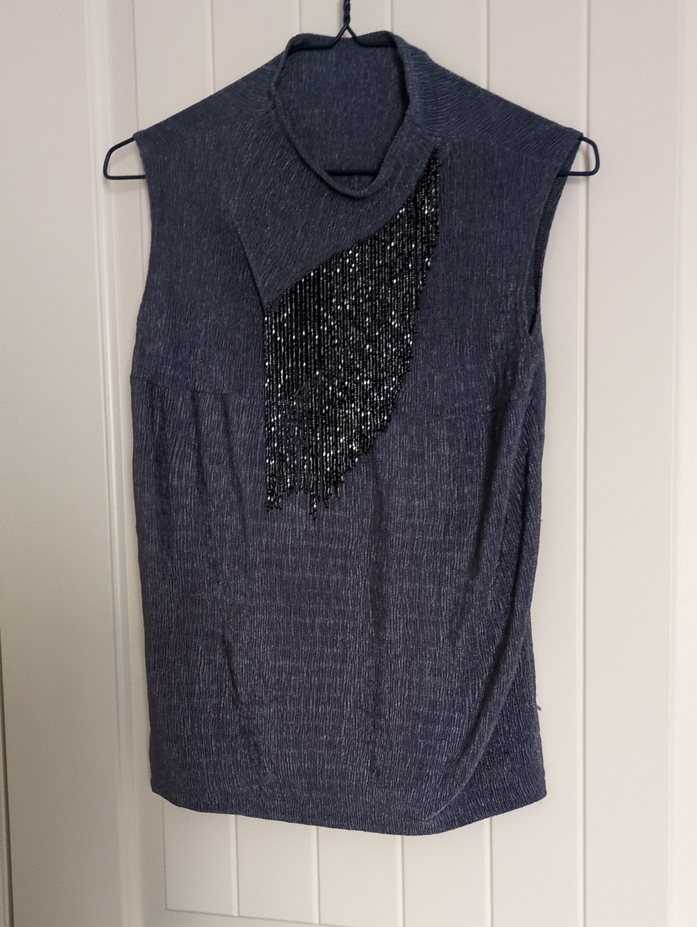 Sleeveless Mock Neck Beaded Detail Dress - Blue Gray
